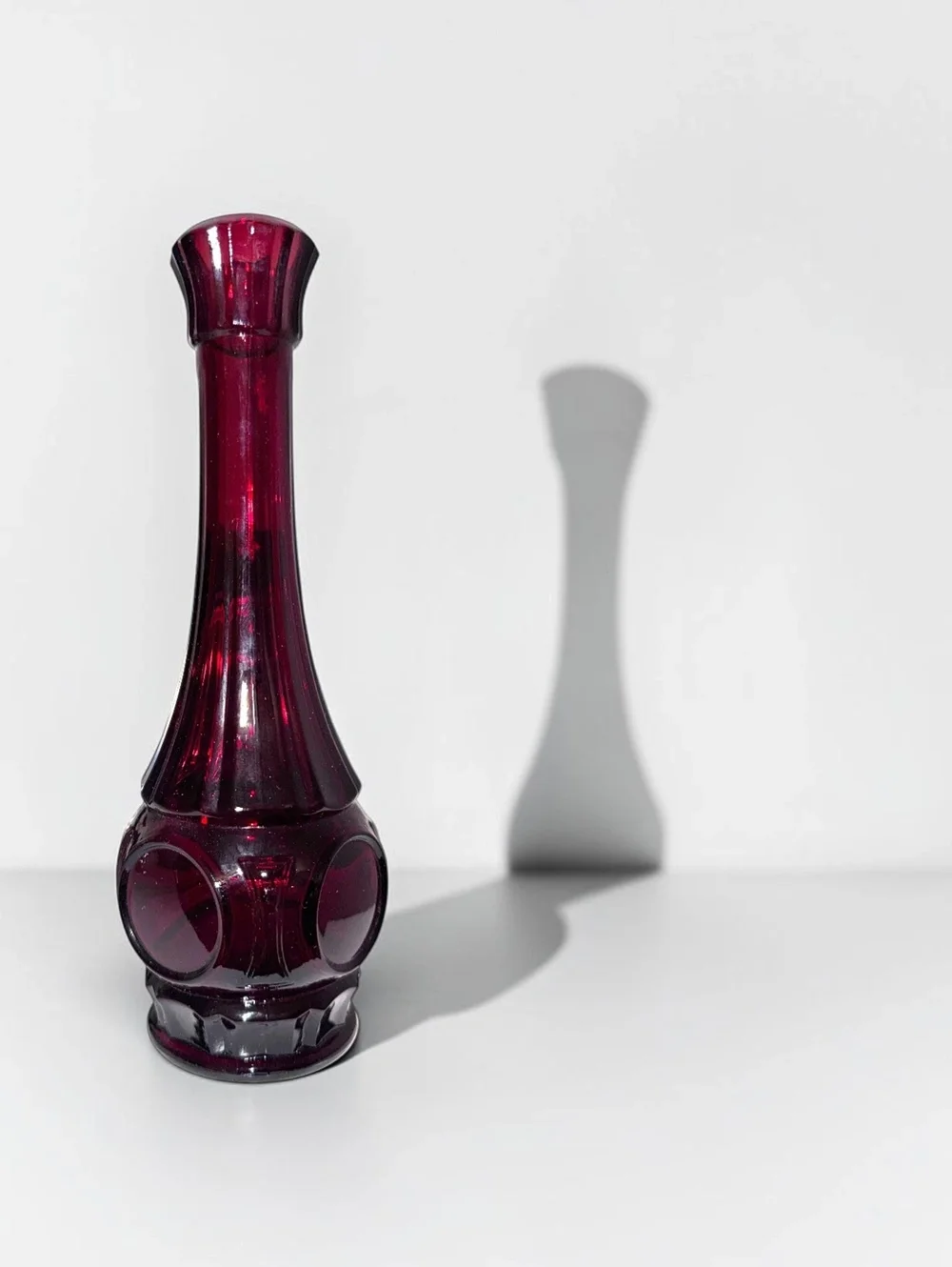 Vintage Ruby Red Glass Bud Vase with Raised Circular Motif, Mid-Century Modern